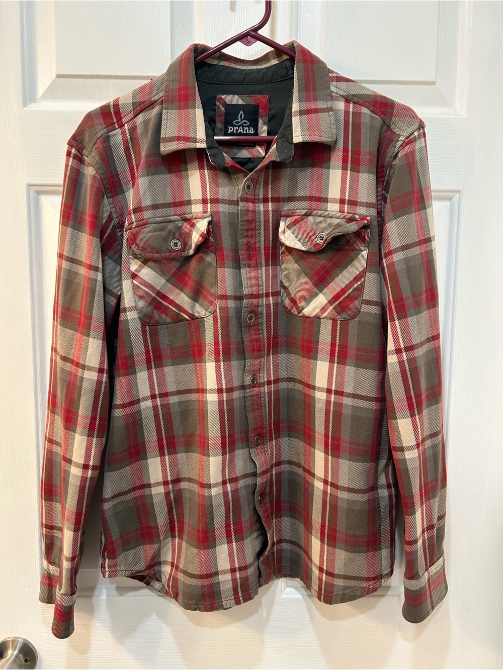 PRANA Organic Cotton Lybeck Flannel Shirt Sz M Customized Red Gray Boho Outdoor